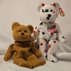 Ty Beanie Babies Pair Curly The Brown Bear & Glory Americana White W/stars